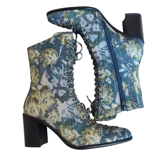 Jeffrey Campbell Hastings Blue Green Floral Tapestry Victorian Boots Lace Up - Picture 10 of 16